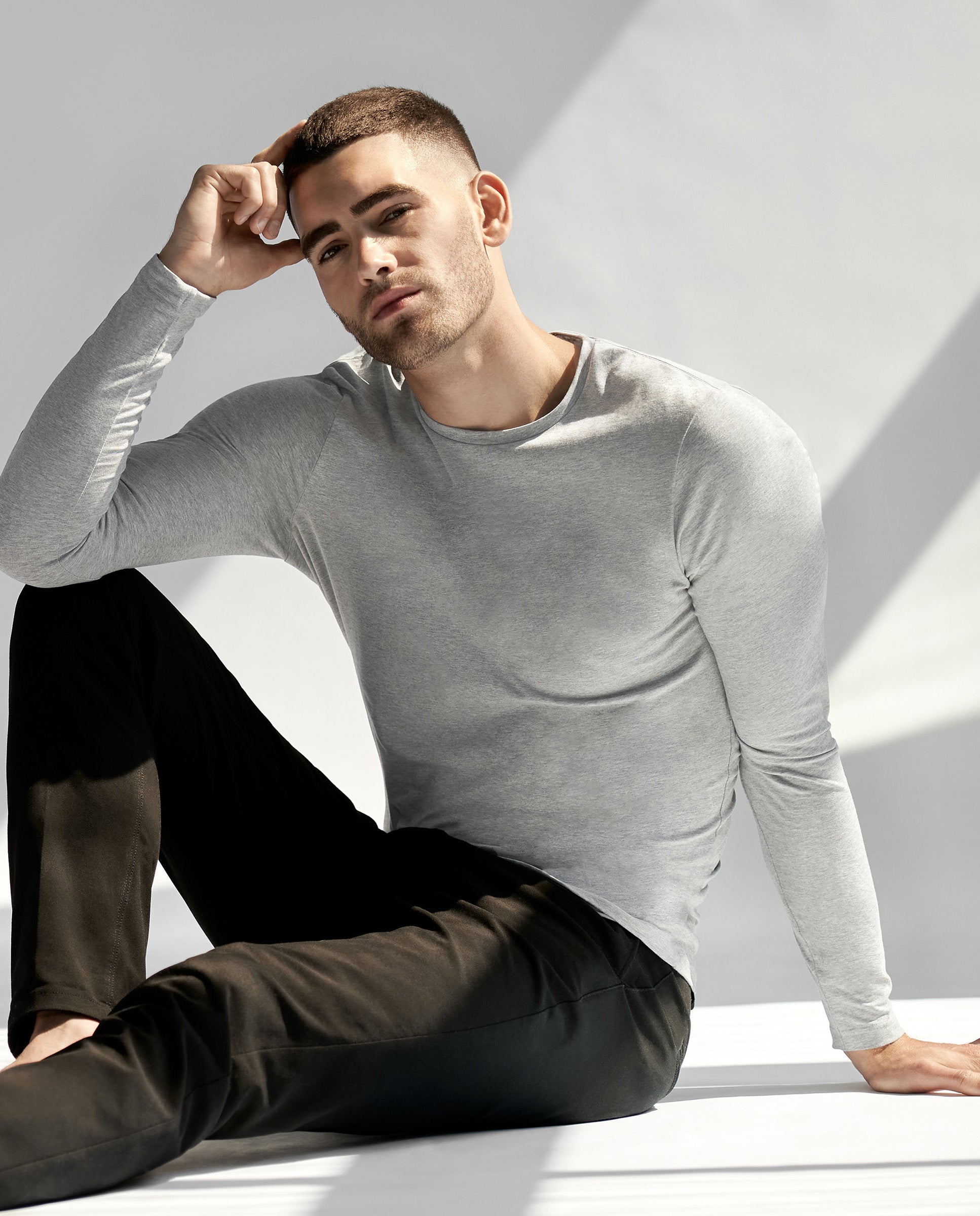 Camiseta cuello caja manga larga algodón orgánico gris melange