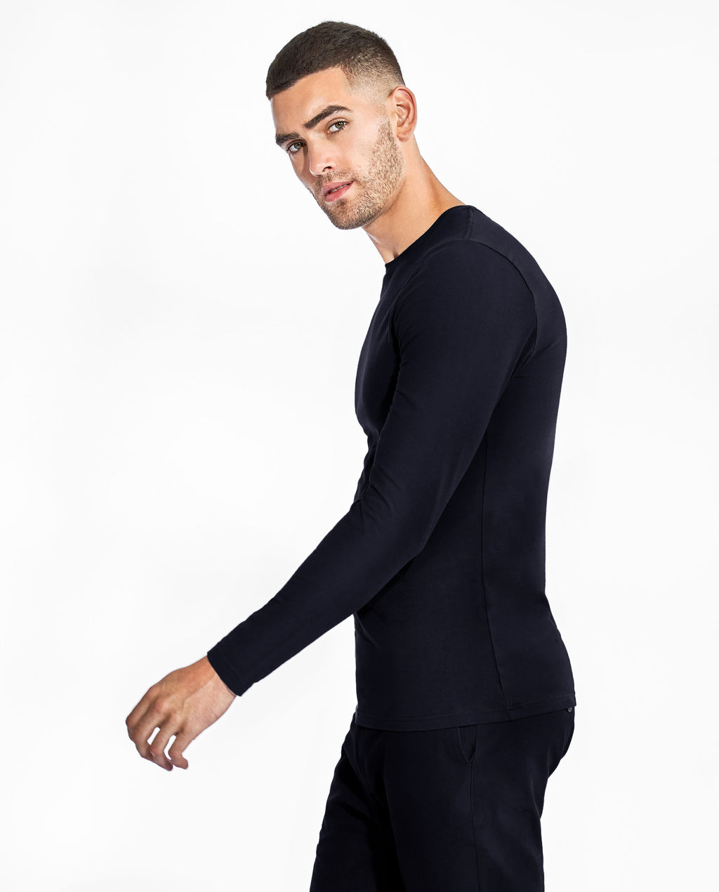 Camiseta cuello caja manga larga algodón orgánico azul marino